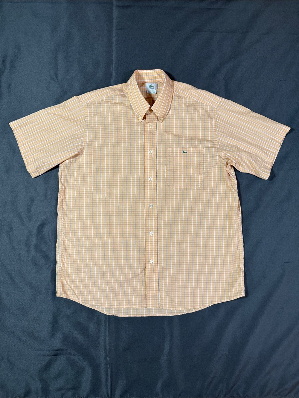 Lacoste Men's Short-Sleeve Button-Down Shirt in Peach Plaid Size 42